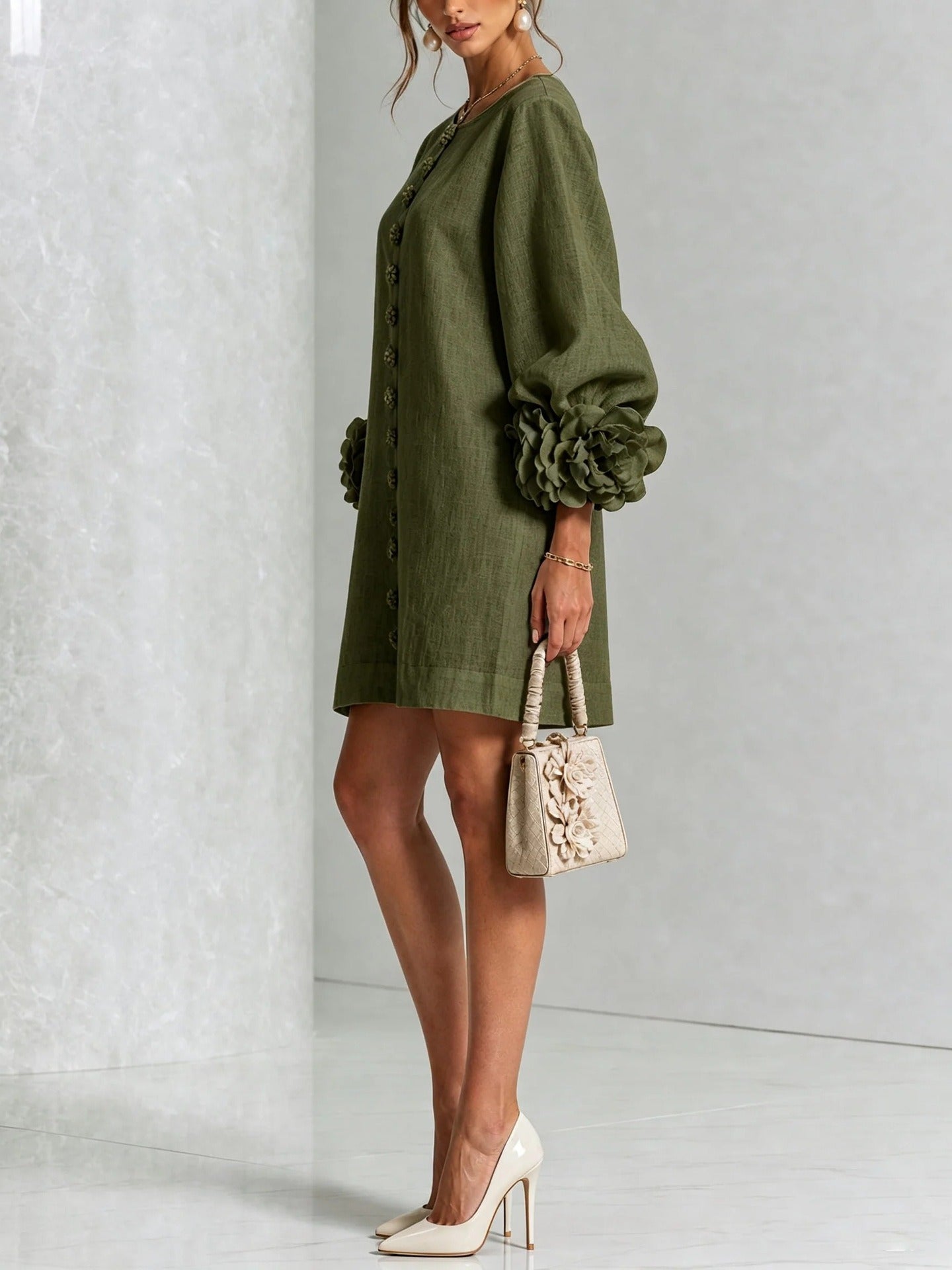 Women’s White Textured Floral Button Front Puff Sleeve Mini Dress