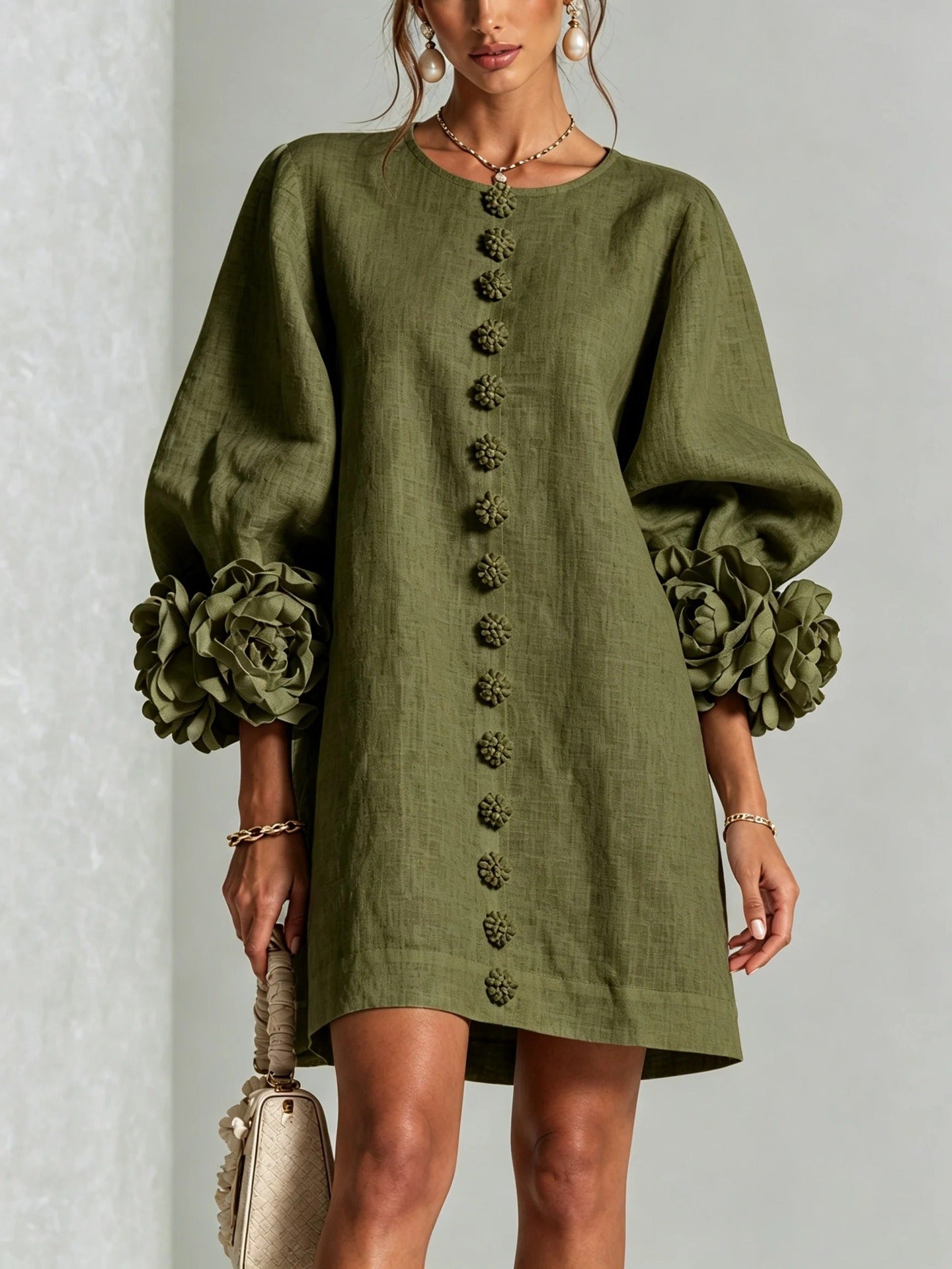 Women’s White Textured Floral Button Front Puff Sleeve Mini Dress