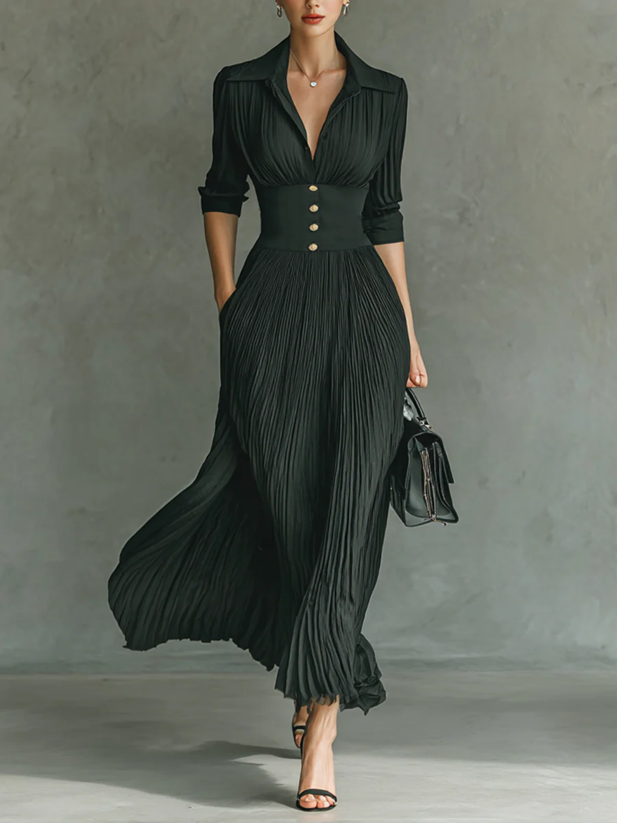 Women’s Black Refined Chiffon Blend Shirt Collar Long Sleeve Maxi Dress