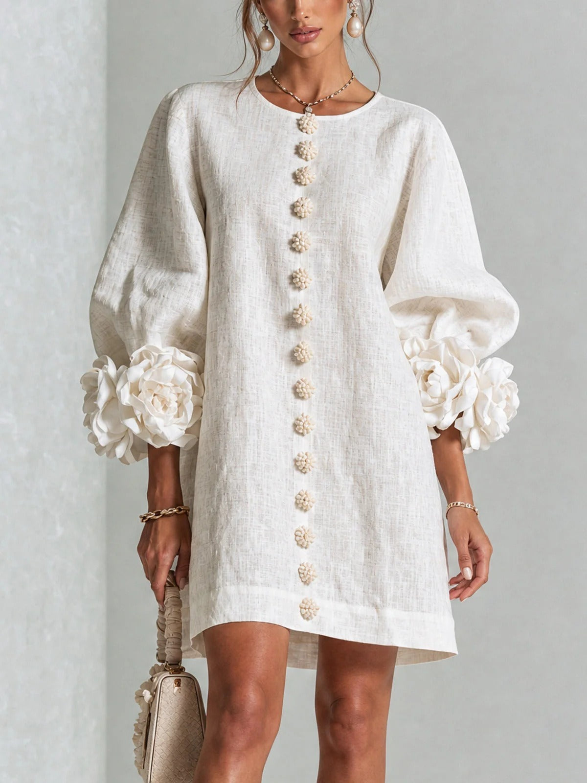 Women’s White Textured Floral Button Front Puff Sleeve Mini Dress