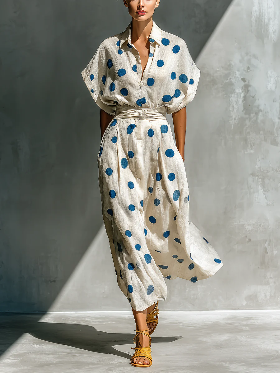 Women’s Ivory Artistic Linen Blend Polka Dot Shirt Collar Short Sleeve Midi Dress