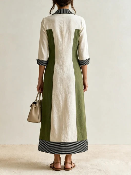 Women’s Green Color-Block Collared V-Neck Three-Quarter Sleeve Relaxed Maxi Dress