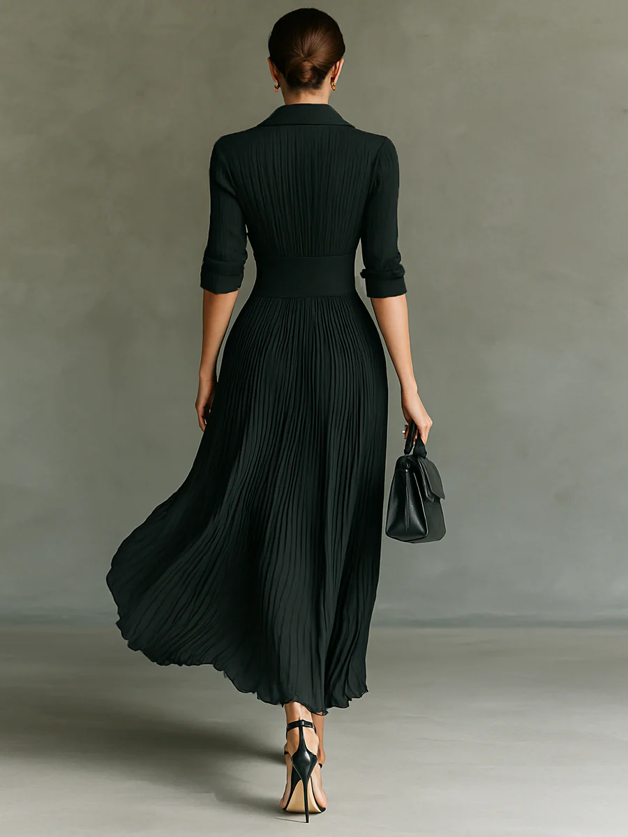 Women’s Black Refined Chiffon Blend Shirt Collar Long Sleeve Maxi Dress