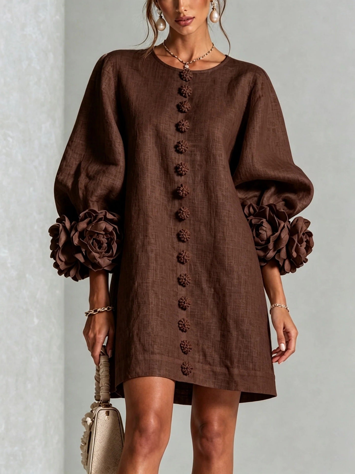 Women’s White Textured Floral Button Front Puff Sleeve Mini Dress