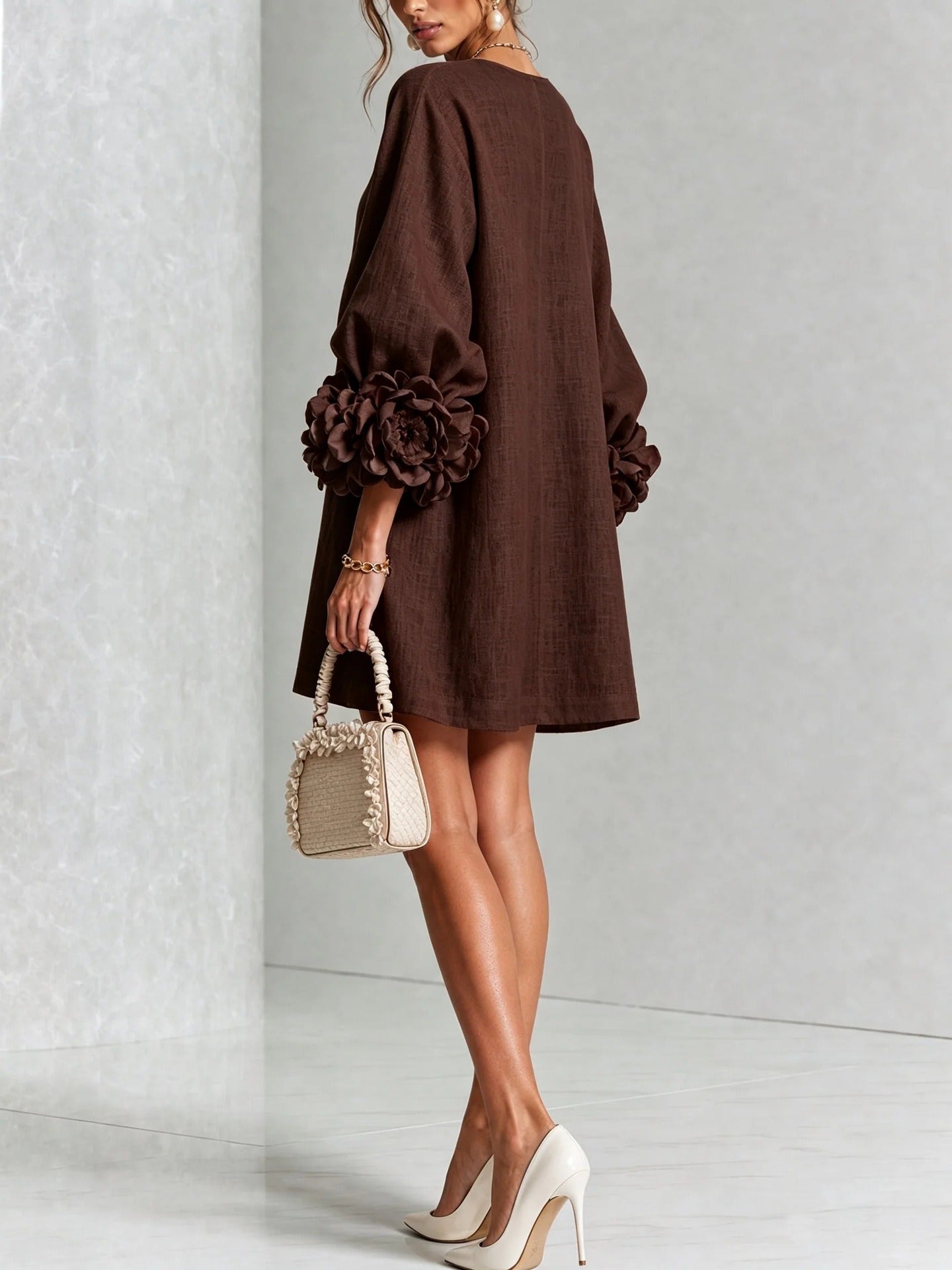 Women’s White Textured Floral Button Front Puff Sleeve Mini Dress