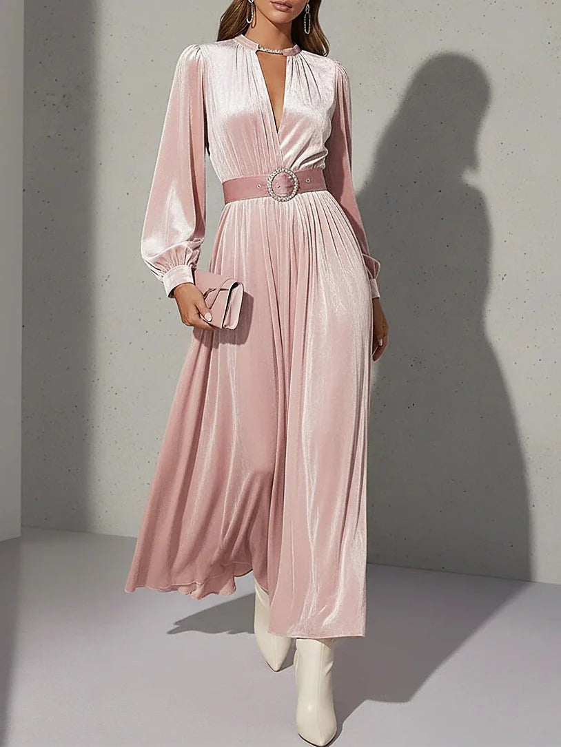 Women’s Blush Pink Elegant Velvet V-Neck Long Sleeve Midi Dress with Belt