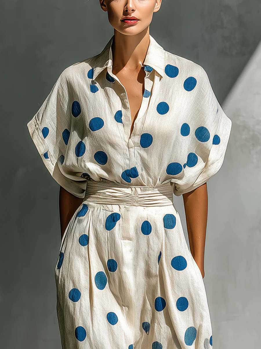 Women’s Ivory Artistic Linen Blend Polka Dot Shirt Collar Short Sleeve Midi Dress
