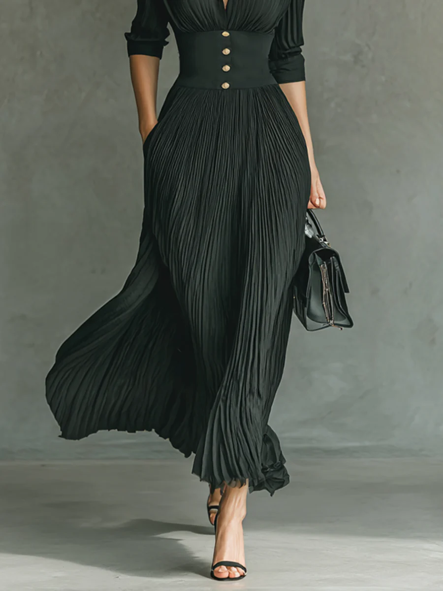 Women’s Black Refined Chiffon Blend Shirt Collar Long Sleeve Maxi Dress