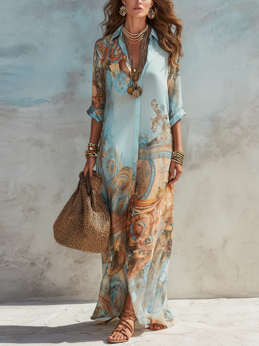 Women’s Blue Printed Relaxed-Fit 3/4 Sleeve Maxi Dress with Buttoned Front