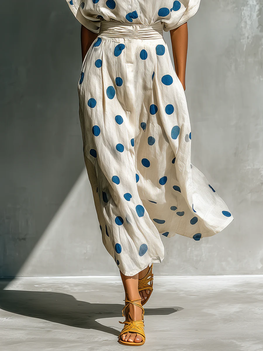 Women’s Ivory Artistic Linen Blend Polka Dot Shirt Collar Short Sleeve Midi Dress