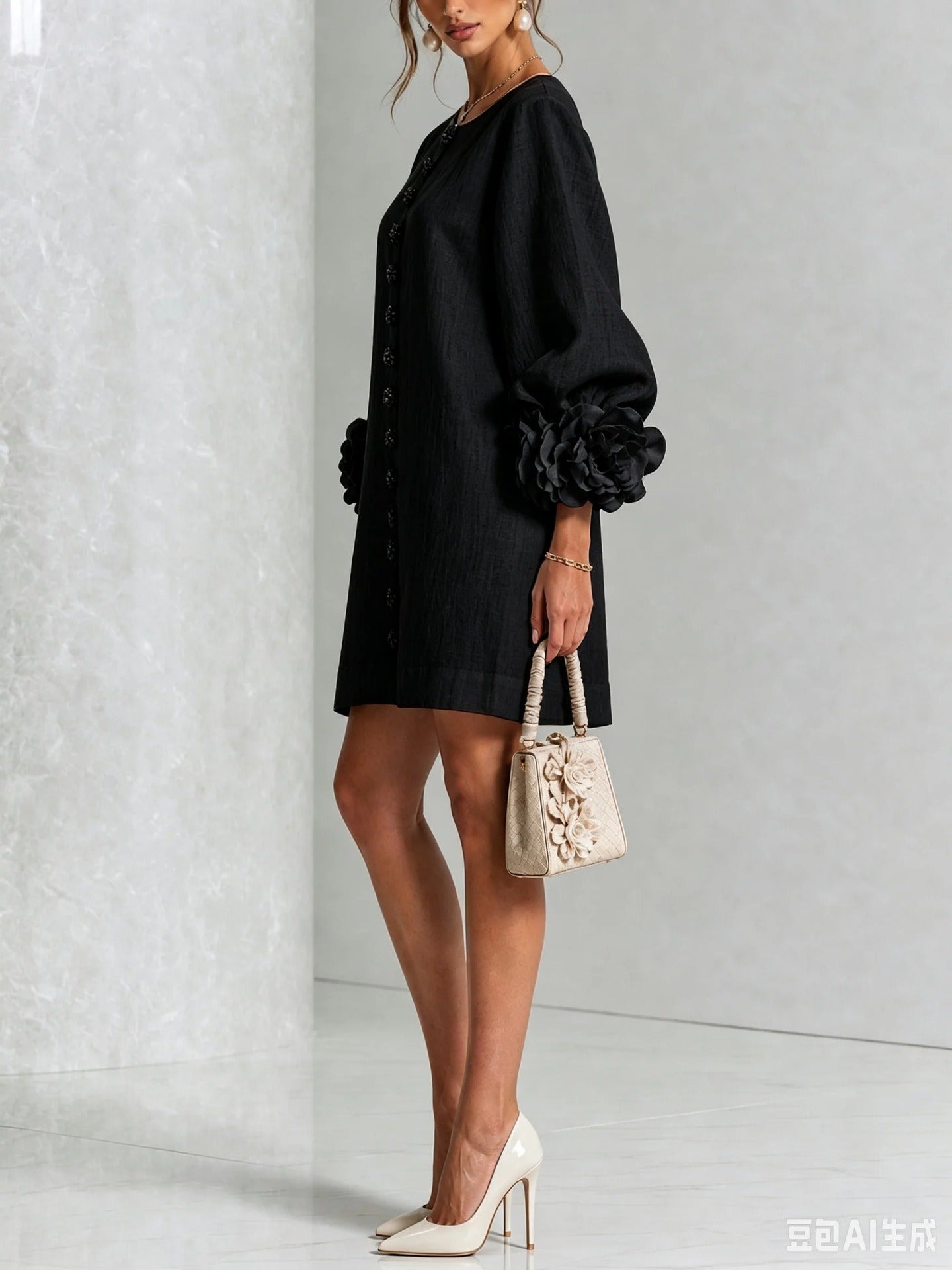 Women’s White Textured Floral Button Front Puff Sleeve Mini Dress