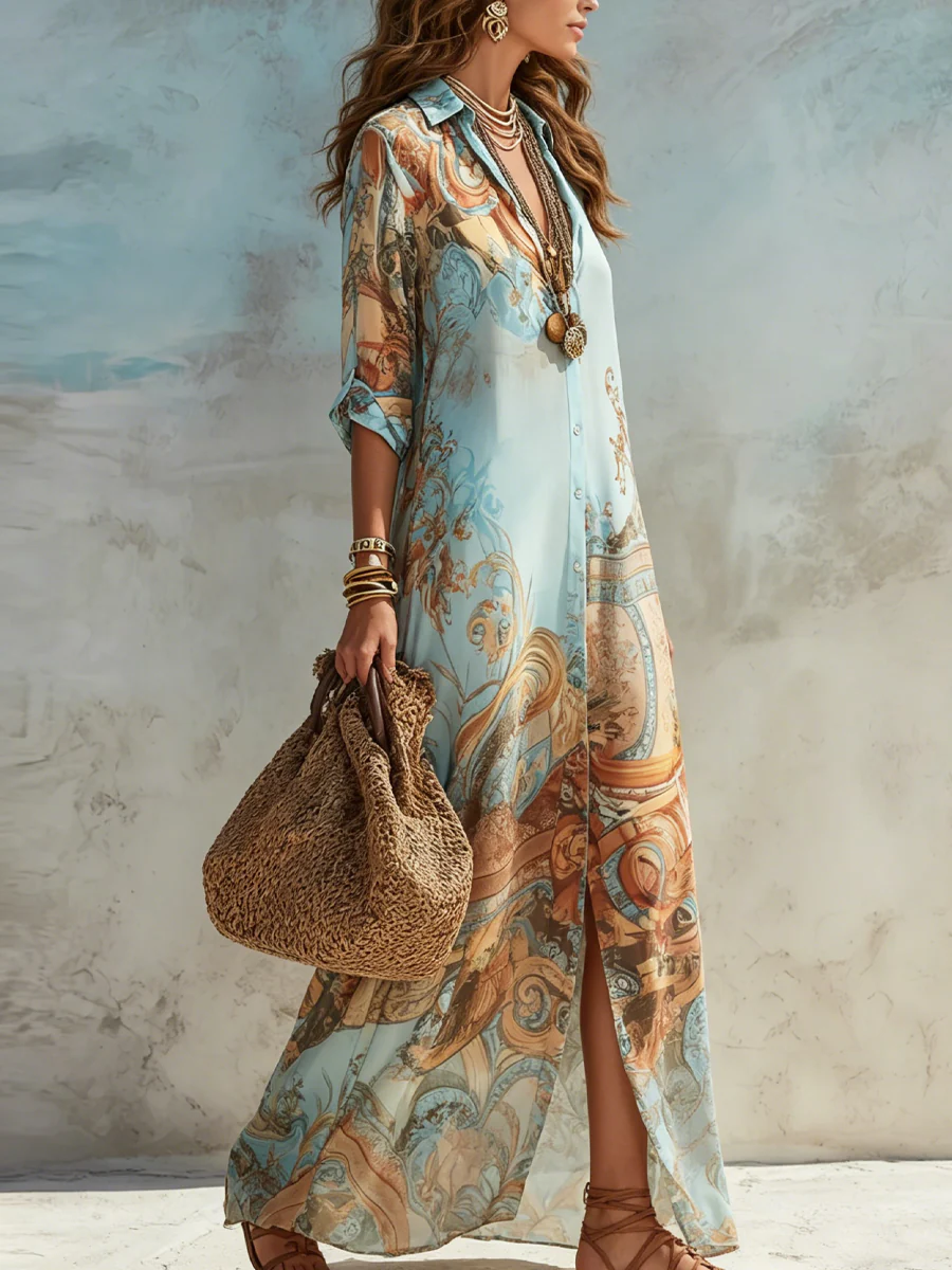 Women’s Blue Printed Relaxed-Fit 3/4 Sleeve Maxi Dress with Buttoned Front