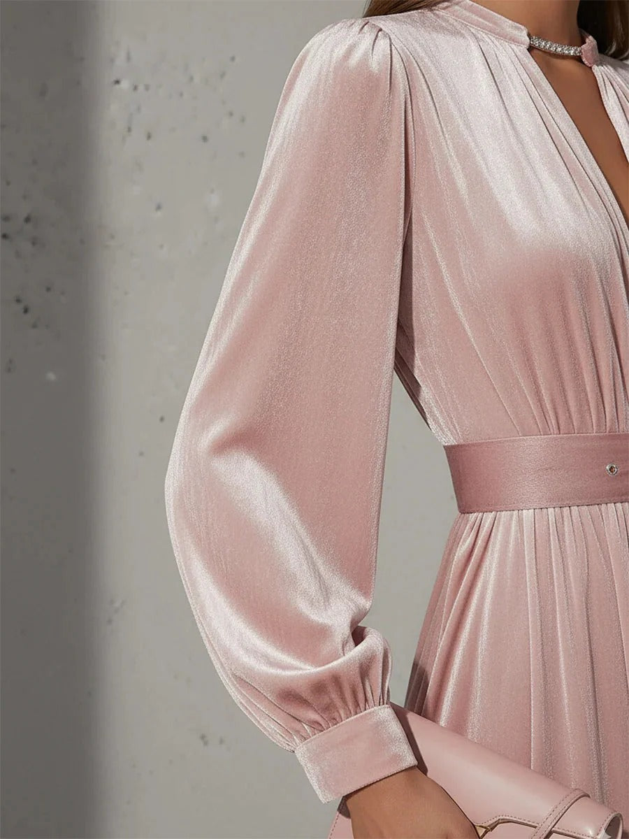 Women’s Blush Pink Elegant Velvet V-Neck Long Sleeve Midi Dress with Belt