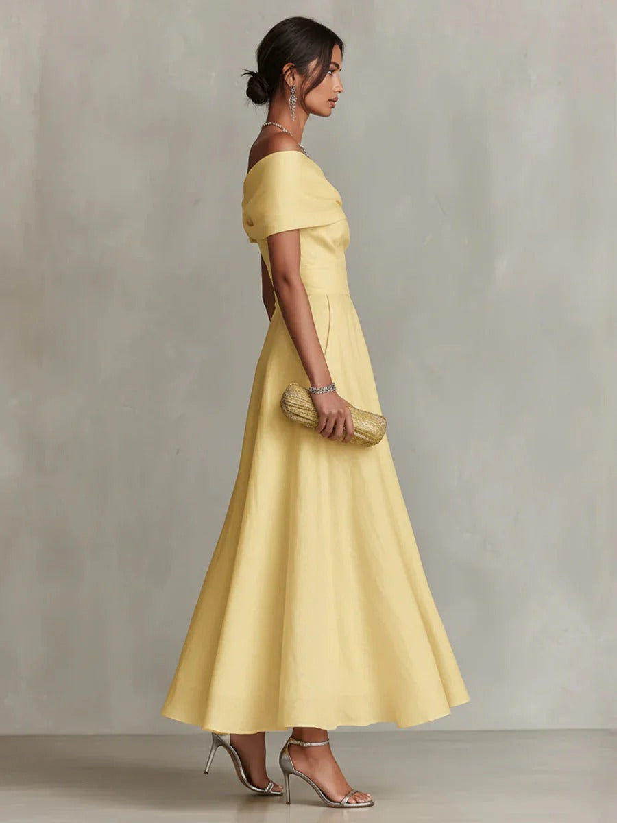 Women’s Yellow Chic Linen Off-Shoulder 3/4 Sleeve Flowy Midi Dress