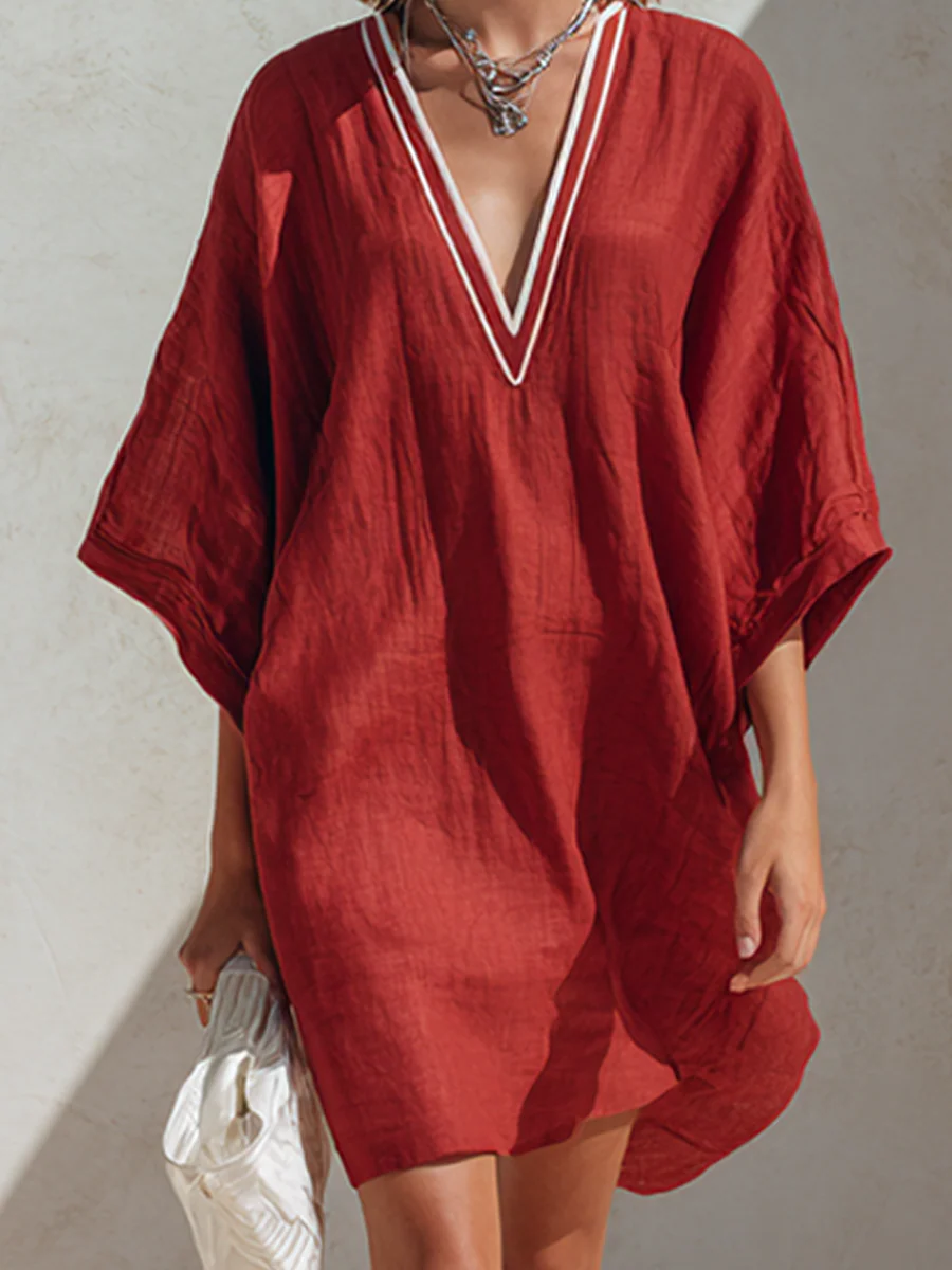 Women’s Rust Red Coastal Linen Blend Deep V-Neck Short Sleeve Relaxed Mini Kaftan Dress