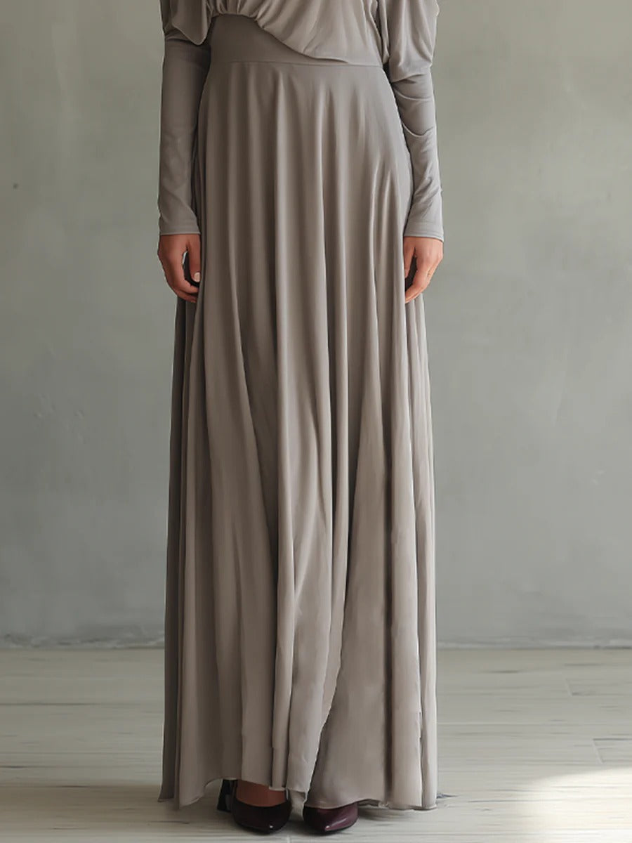 Women’s Taupe Elegant Stretch Turtleneck Long Sleeve Regular Maxi Dress