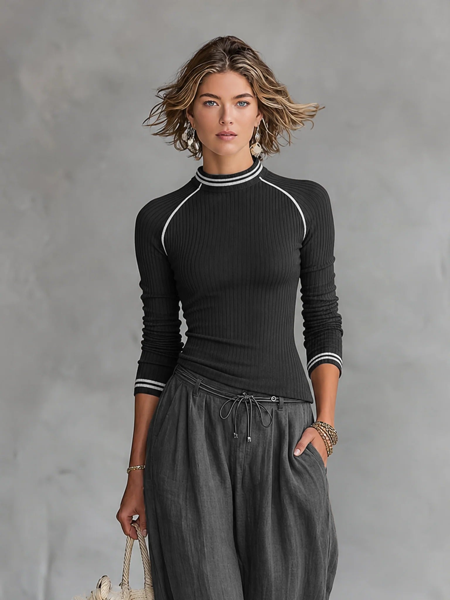 Women’s Black & Gray Casual Knit Crew Neck Long Sleeve Relaxed Two-Piece Set