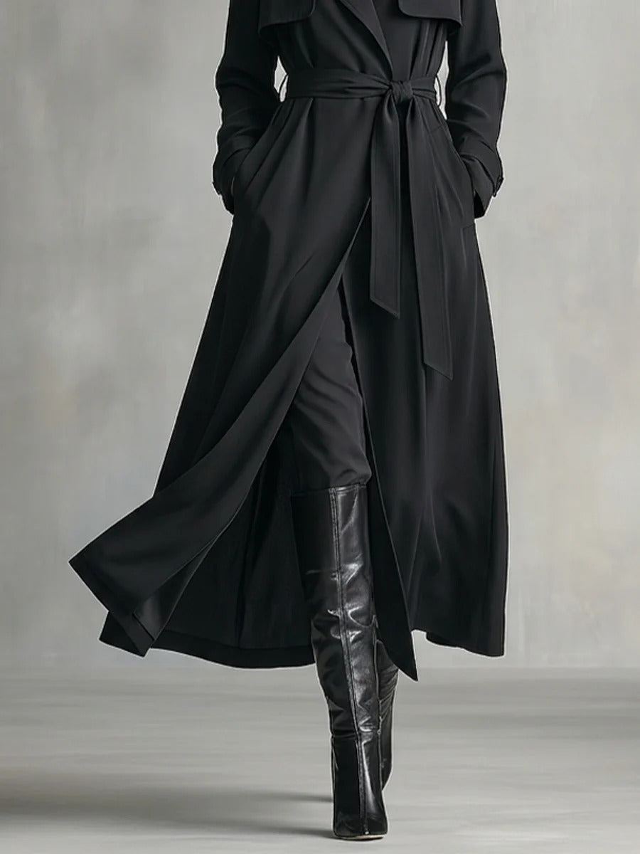 Women’s Black Elegant Cotton Blend Notch Lapel Long Sleeve Regular Maxi Trench Coat