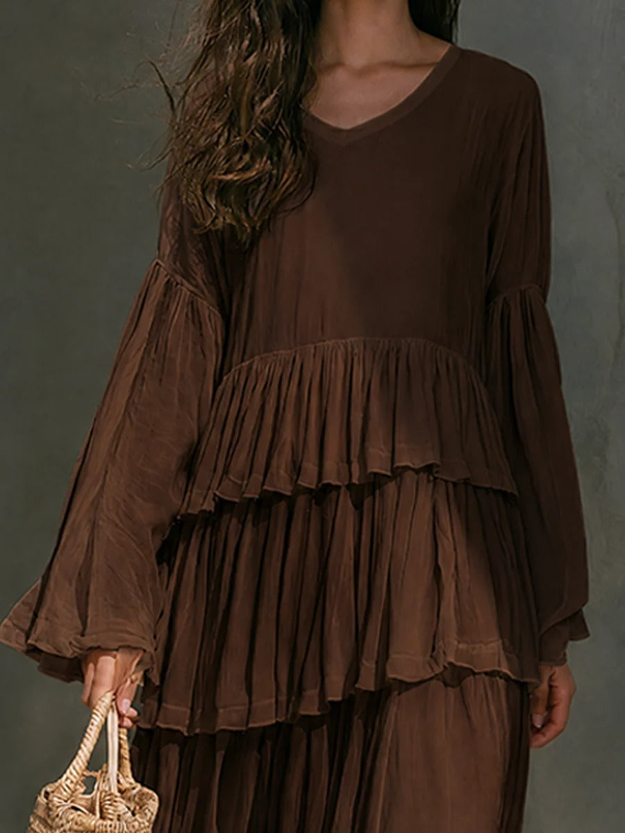 Women’s Brown Bohemian Chiffon V-Neck Long Sleeve Relaxed Maxi Dress