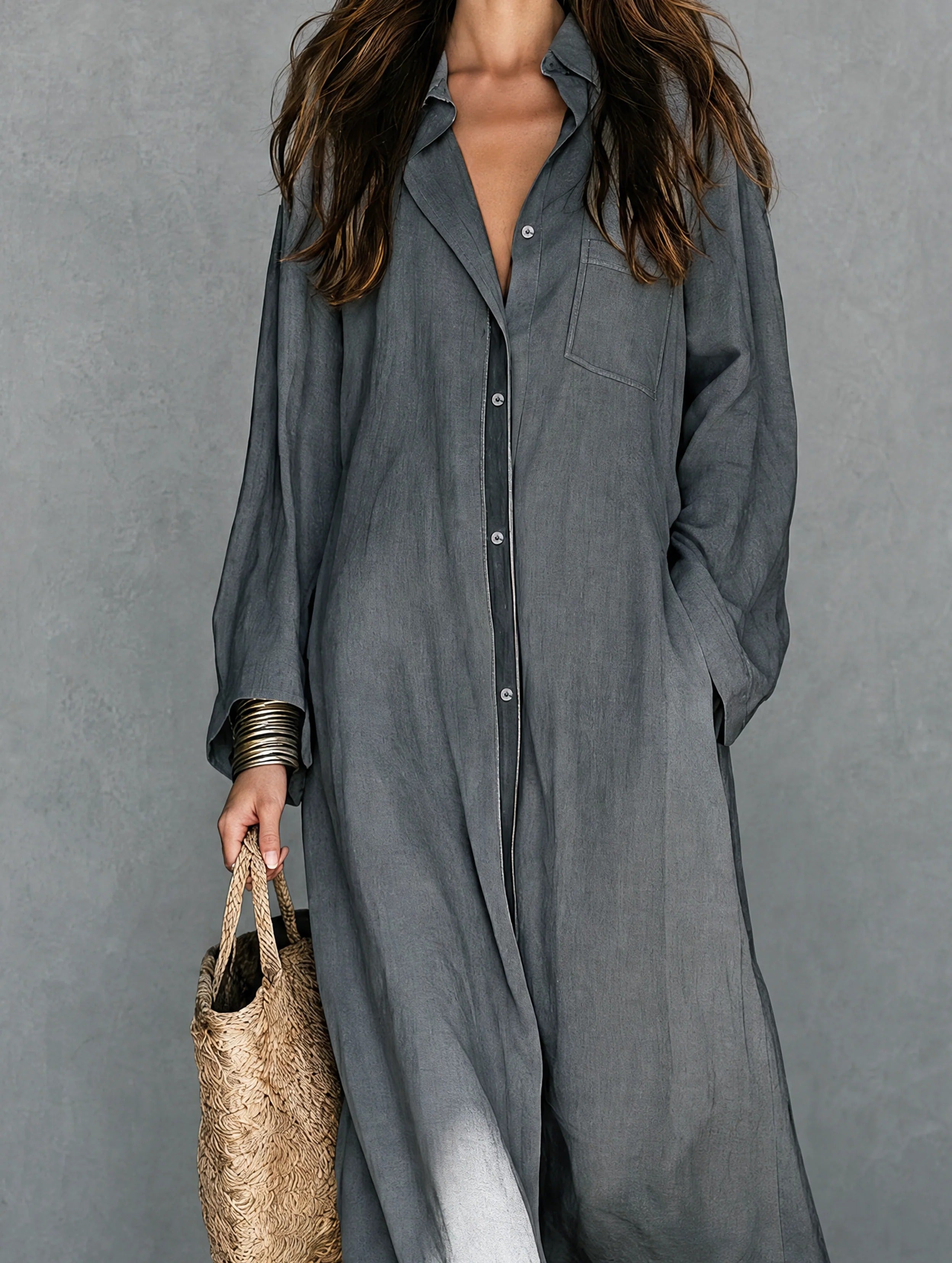 Women’s Gray Minimalist Cotton-linen Shirt Collar Long Sleeve Relaxed Maxi Dress