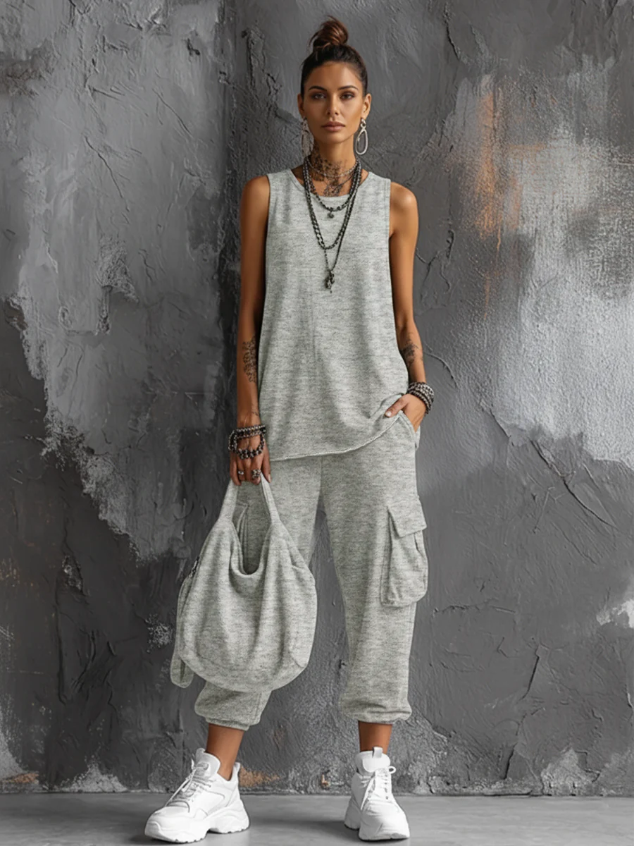 Women’s Streetwear Cotton Blend Round Neck Sleeveless Relaxed Ankle-Length Pants Set