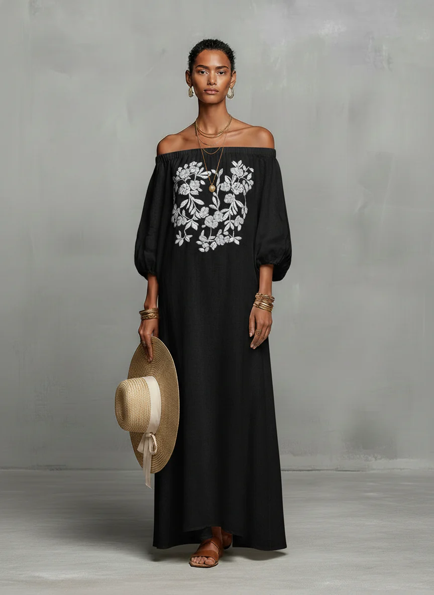 Women’s Ivory Vacation Embroidered Off-Shoulder Balloon Sleeve Maxi Dress
