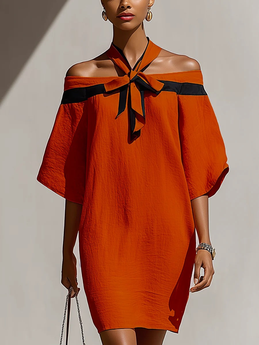 Women’s Orange Casual Linen blend Off-Shoulder Half Sleeve Relaxed Mini Dress
