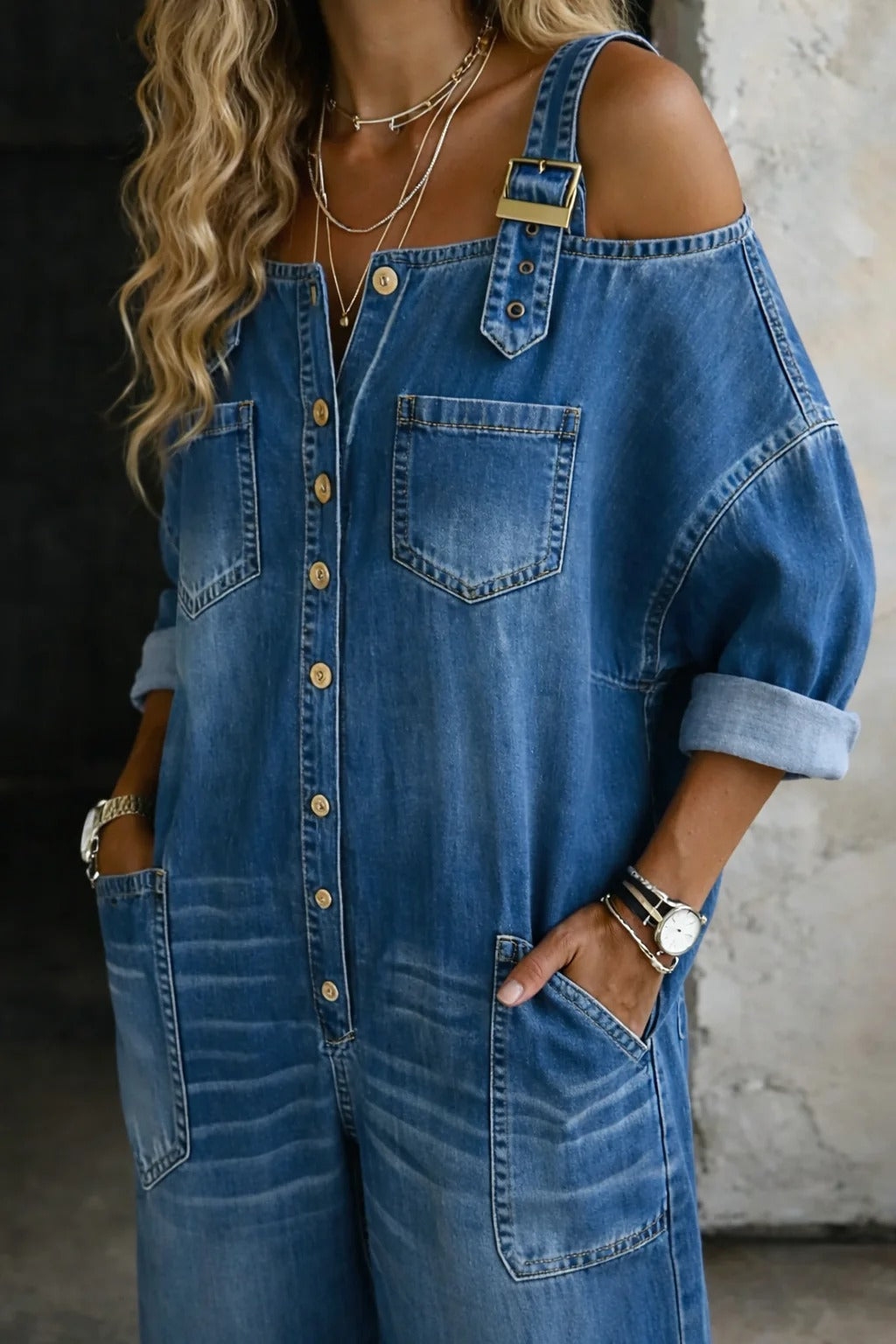 Women’s Blue Denim Off Shoulder Wide Leg Jumpsuit
