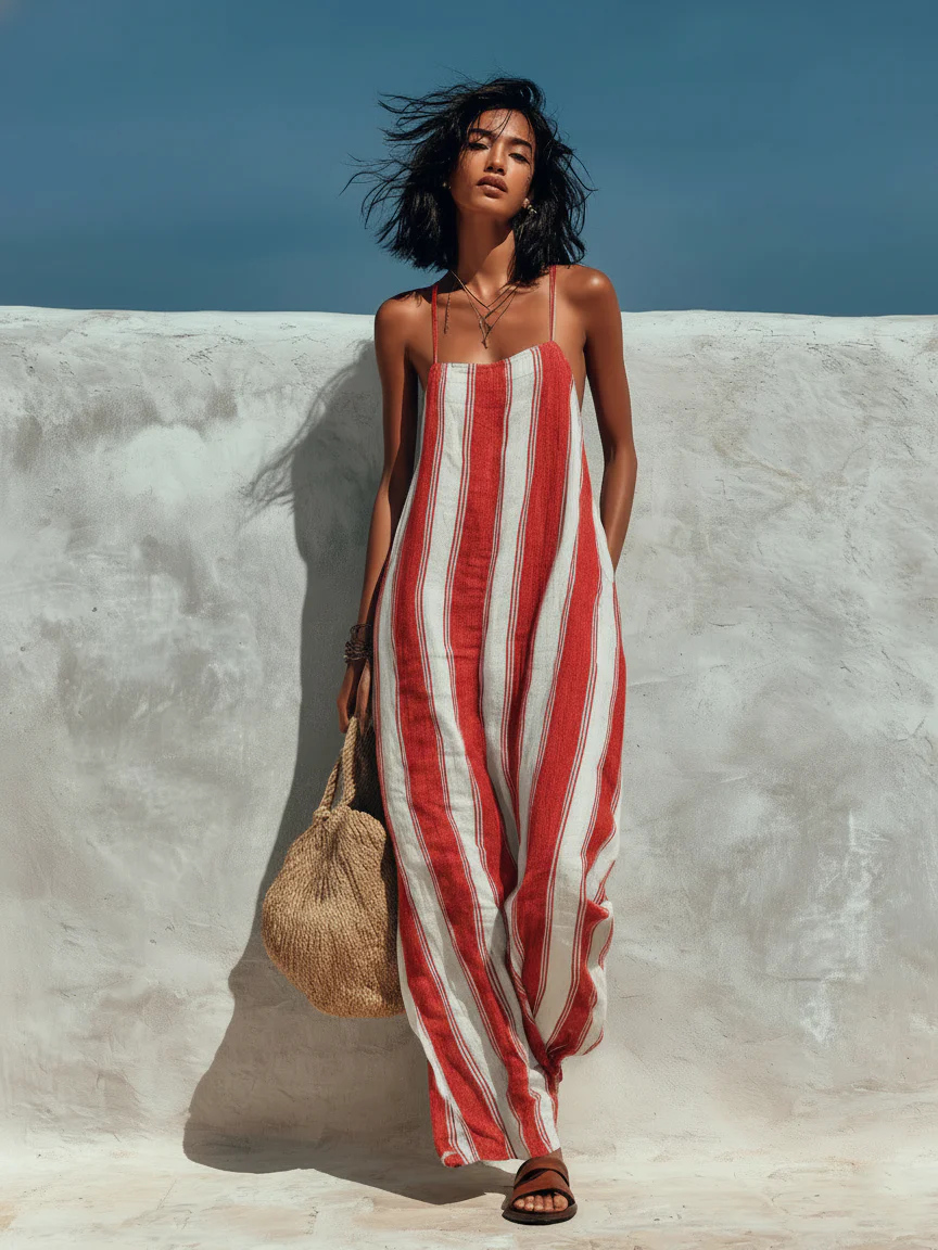 Women’s Blue & White Striped Beachy Linen-Blend Spaghetti Strap Wide-Leg Jumpsuit