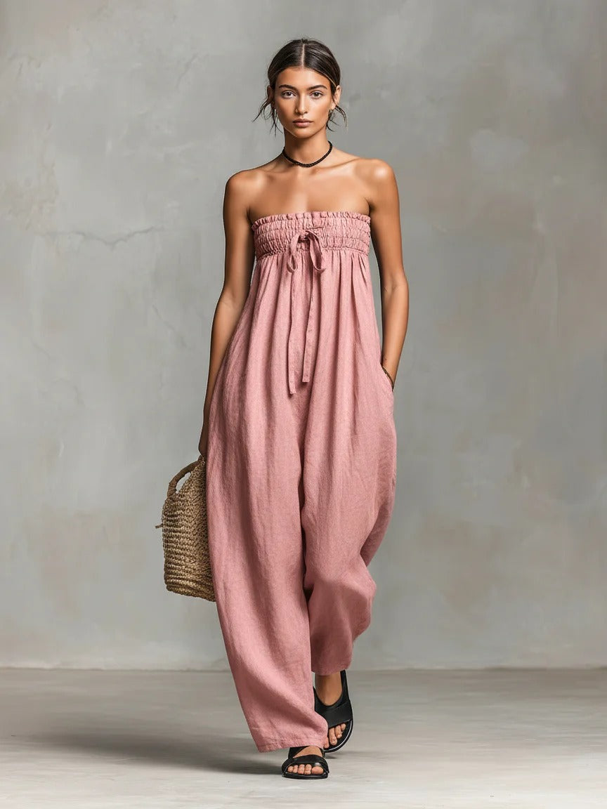 Women’s Black Minimalist Linen Blend Strapless Sleeveless Loose Full-Length Jumpsuit with Tie Front