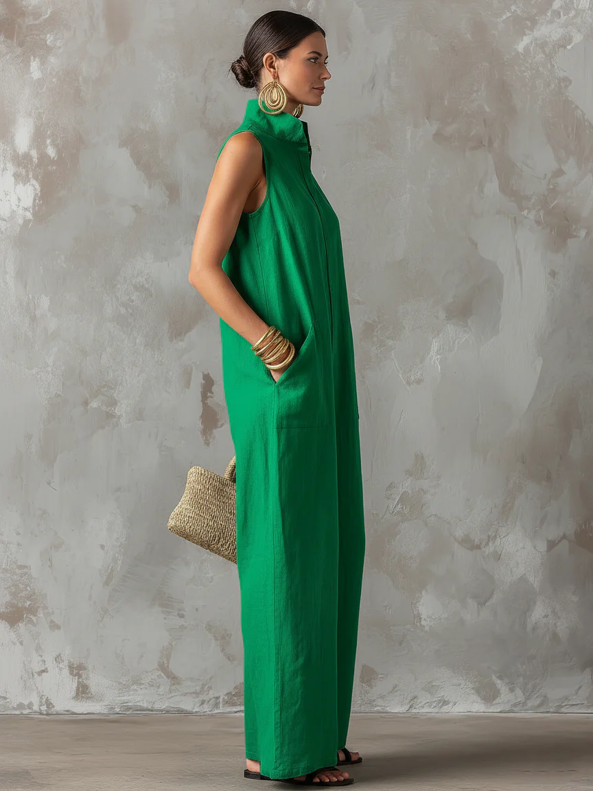 Women’s Green Minimalist Linen Blend Stand Collar Sleeveless Relaxed Full-Length Jumpsuit