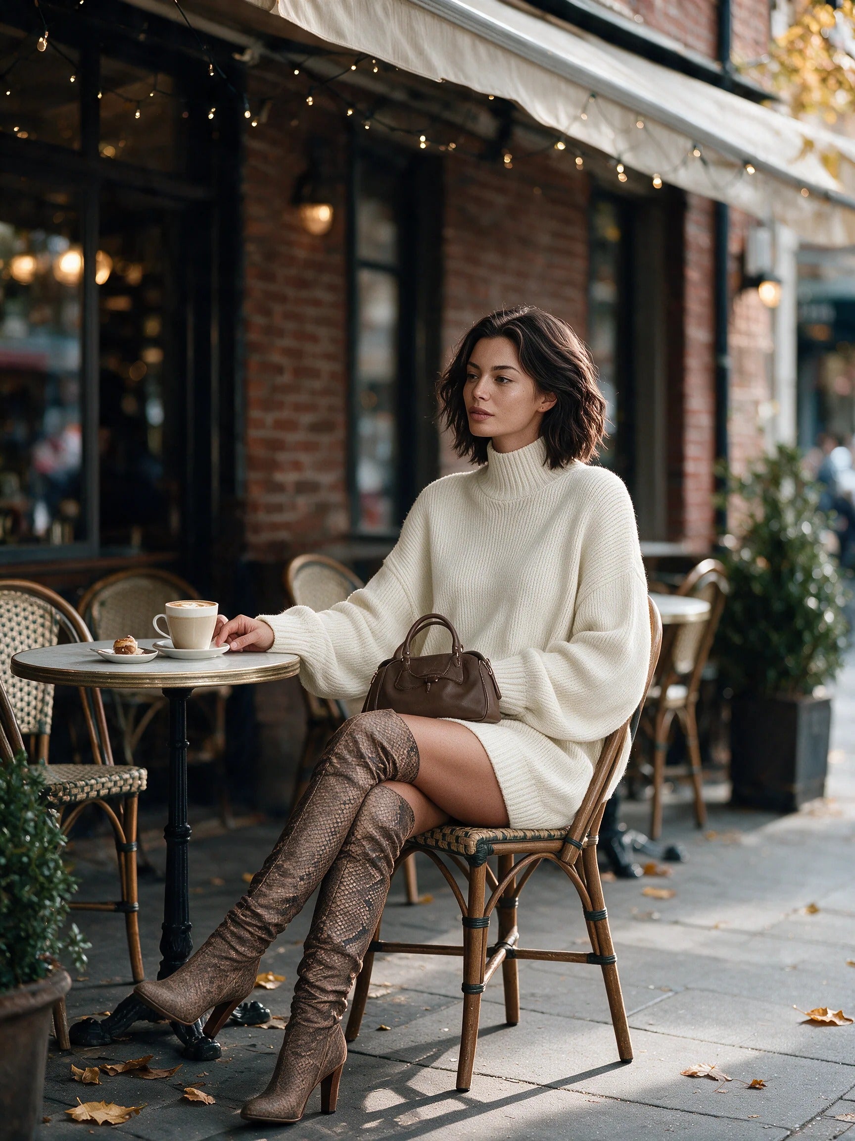 Women’s Beige Sophisticated Knit High Neck Long Sleeve Oversized Mini Dress