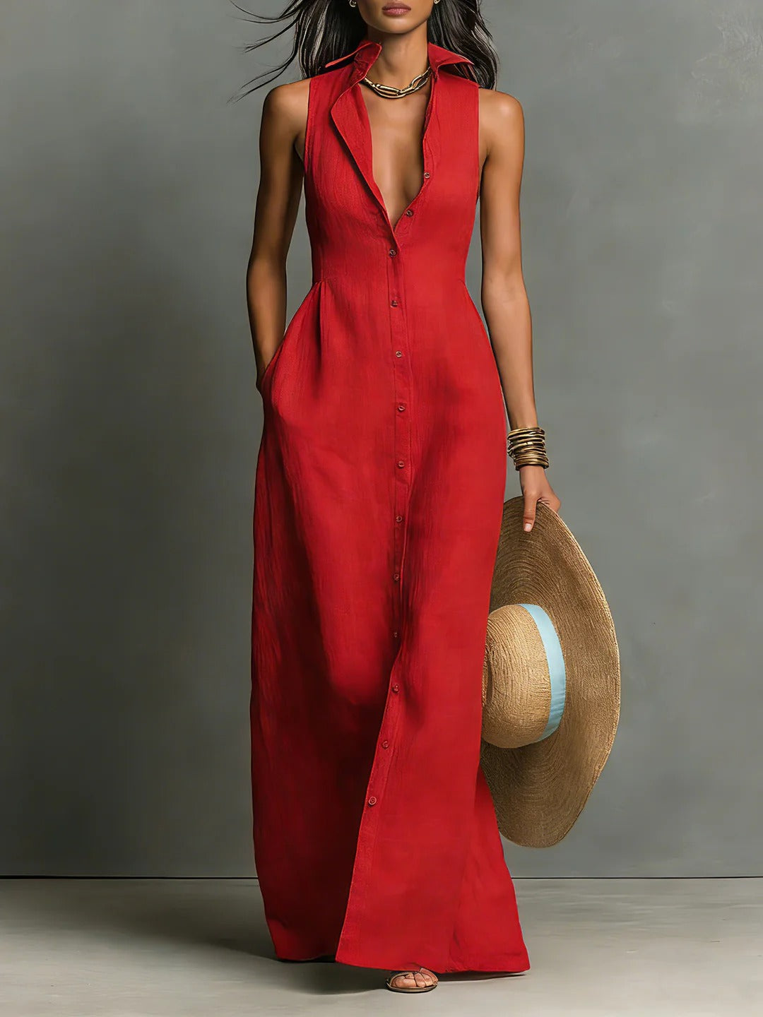 Women’s Red Modern Button-Front Collar Sleeveless Maxi Dress