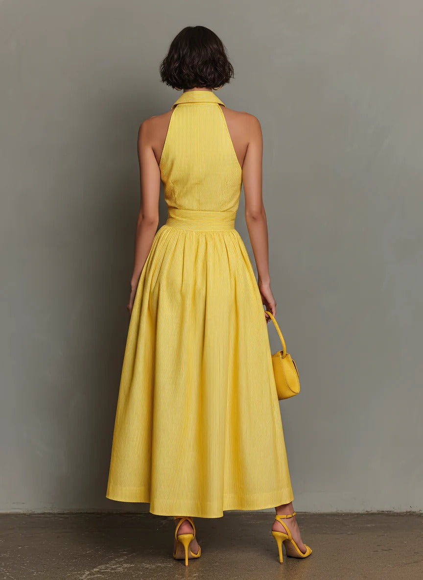 Women’s Yellow Casual Cotton Blend Shirt Collar Sleeveless Regular Maxi Dress with Pinstripe