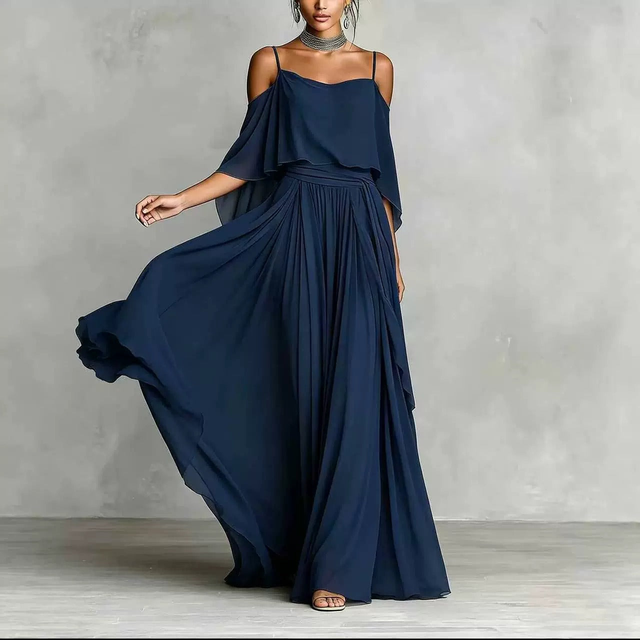 Women’s Gray Elegant Chiffon Cowl Neck Cold-Shoulder Regular Maxi Dress