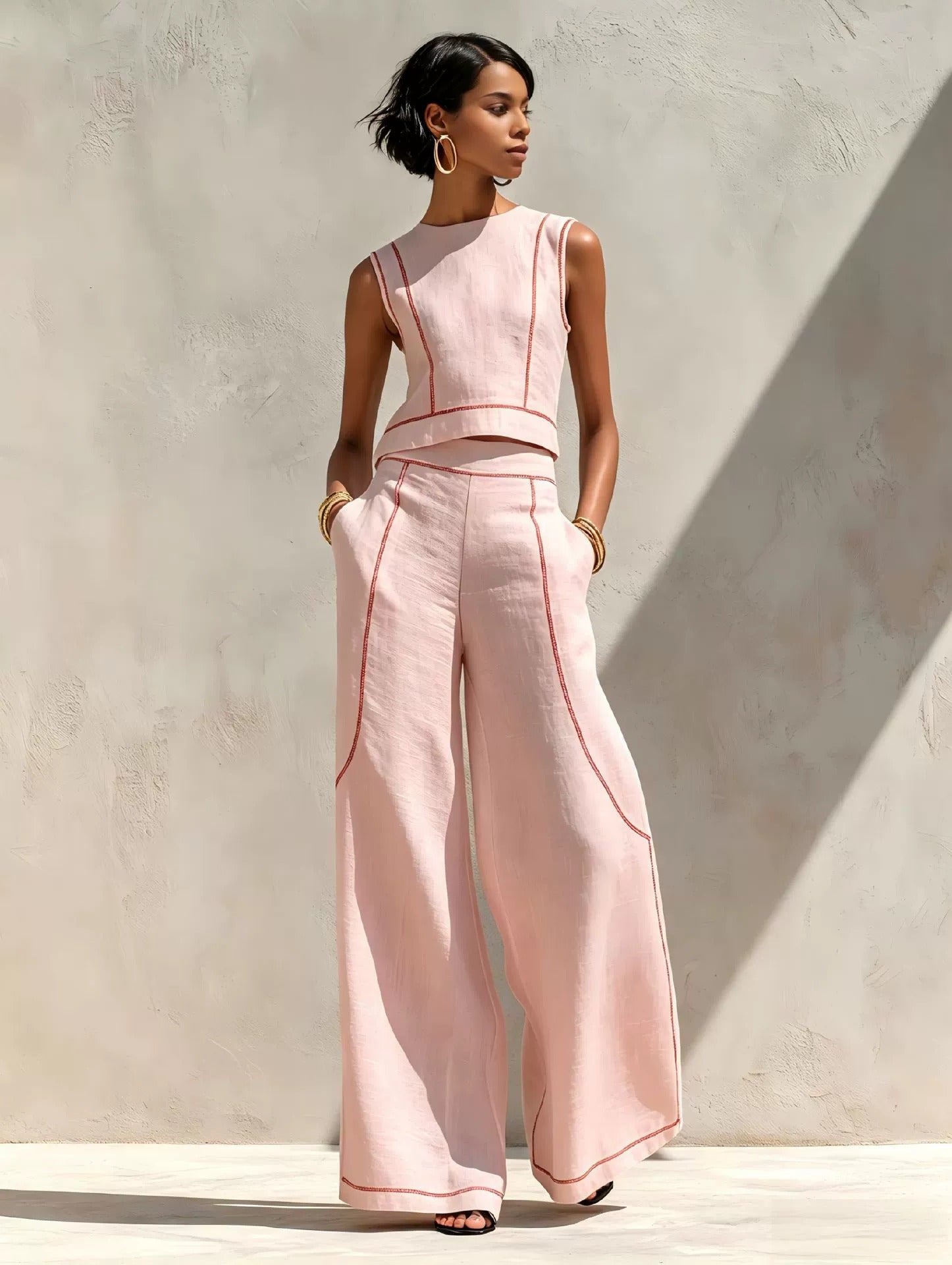Women’s White and Black Minimalist Linen-Blend Round-Neck Sleeveless Regular Wide-Leg Pants Set