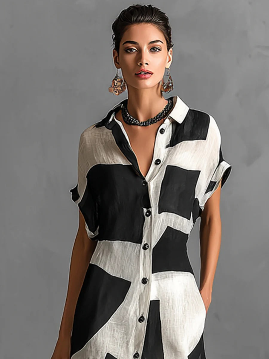 Women’s Black & White Minimalist Chiffon Shirt Collar Short Sleeve Relaxed Maxi Dress