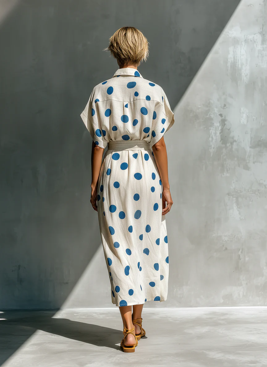 Women’s Ivory Artistic Linen Blend Polka Dot Shirt Collar Short Sleeve Midi Dress