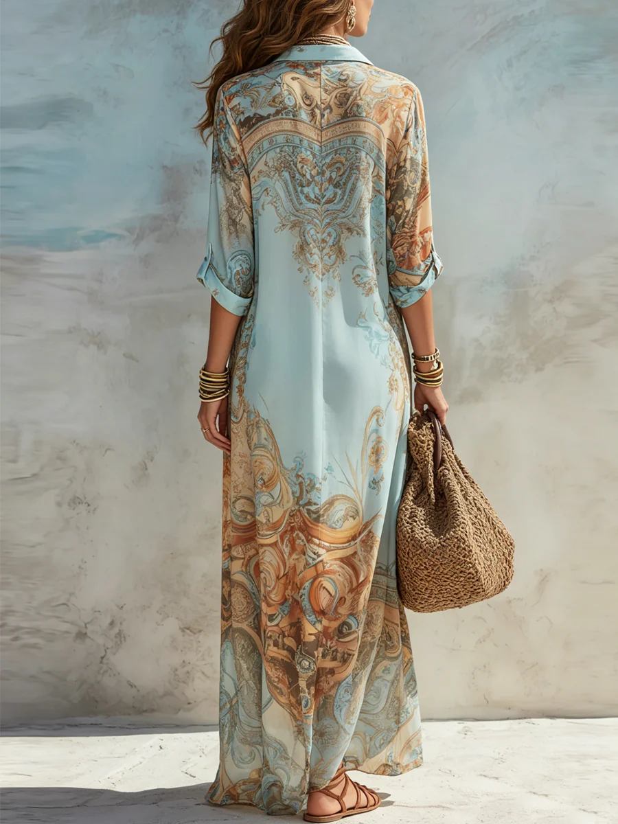 Women’s Blue Printed Relaxed-Fit 3/4 Sleeve Maxi Dress with Buttoned Front