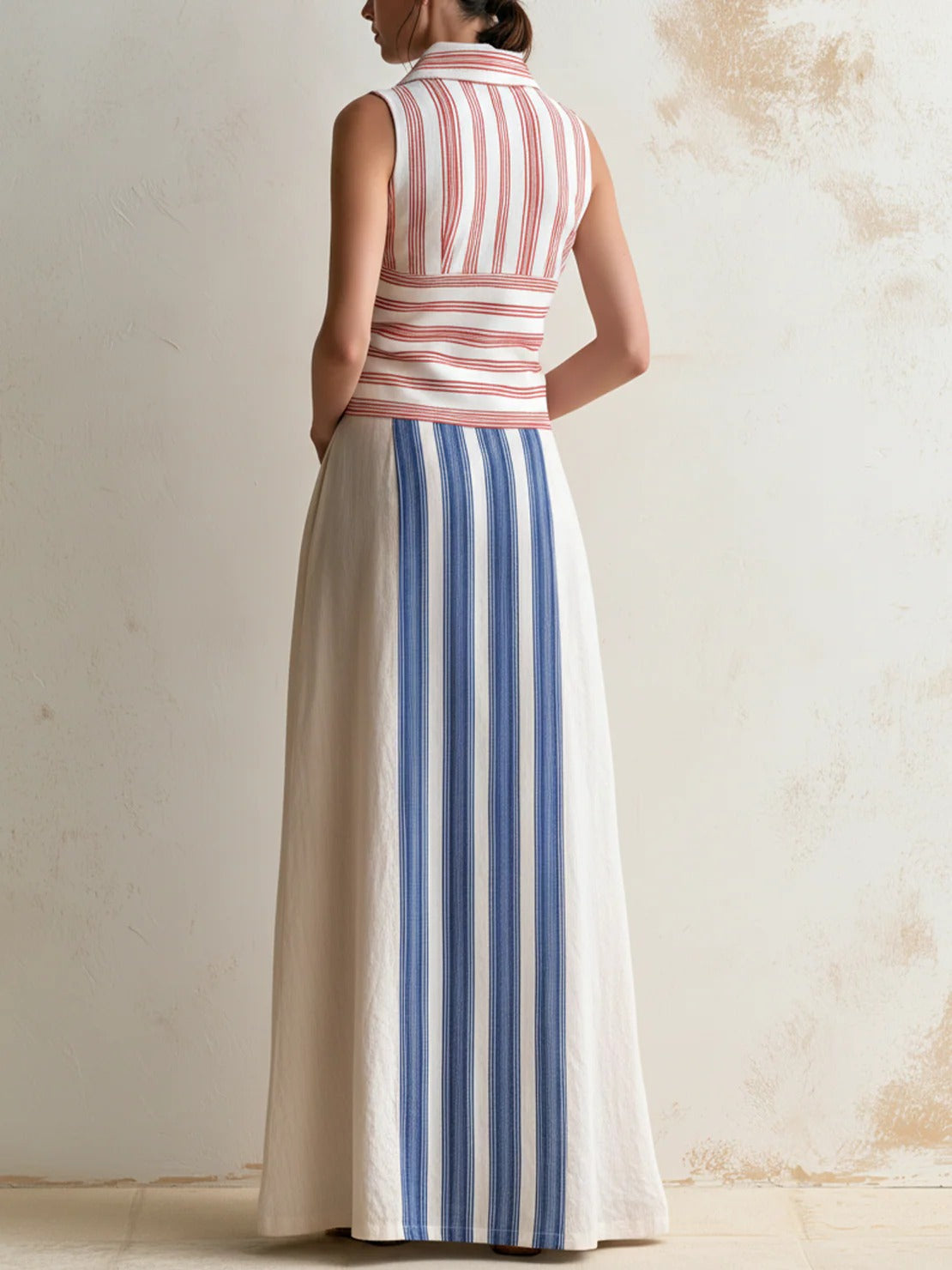 Women’s Multi-Color Coastal Linen-Blend Collared V-Neck Sleeveless Regular Maxi Dress