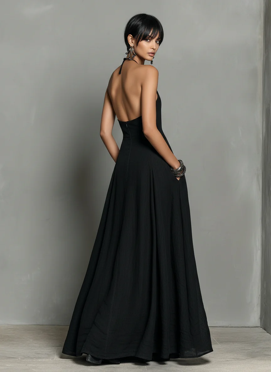 Women’s Black Minimalist Linen Blend Halter Neck Sleeveless Maxi Dress