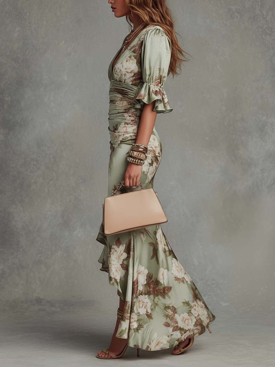 Women’s Sage Green Floral Satin Ruched V-Neck Ruffled Midi Dress with Flared Sleeves