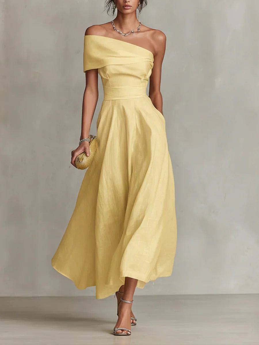 Women’s Yellow Chic Linen Off-Shoulder 3/4 Sleeve Flowy Midi Dress