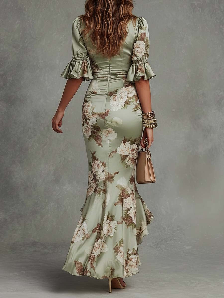 Women’s Sage Green Floral Satin Ruched V-Neck Ruffled Midi Dress with Flared Sleeves