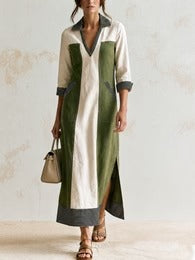 Women’s Green Color-Block Collared V-Neck Three-Quarter Sleeve Relaxed Maxi Dress