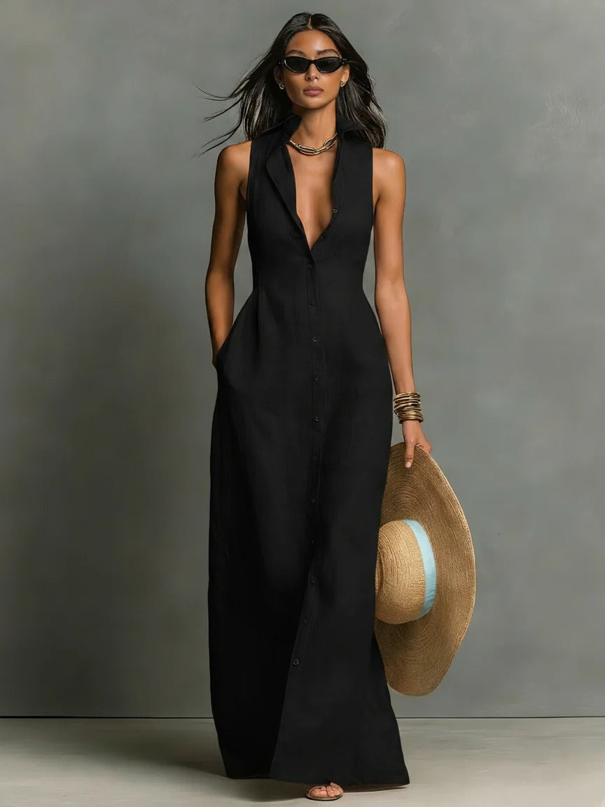Women’s Red Modern Button-Front Collar Sleeveless Maxi Dress