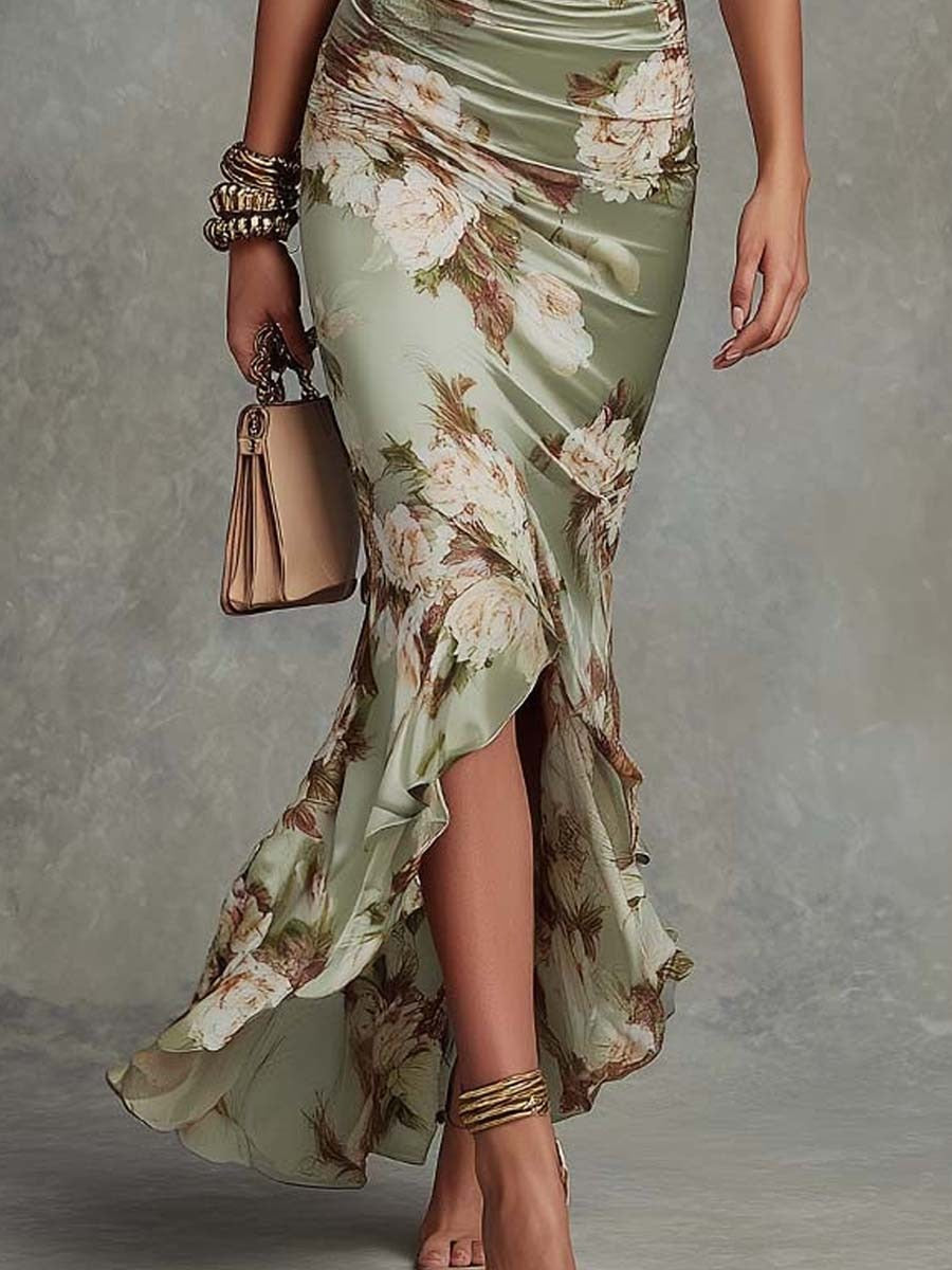 Women’s Sage Green Floral Satin Ruched V-Neck Ruffled Midi Dress with Flared Sleeves