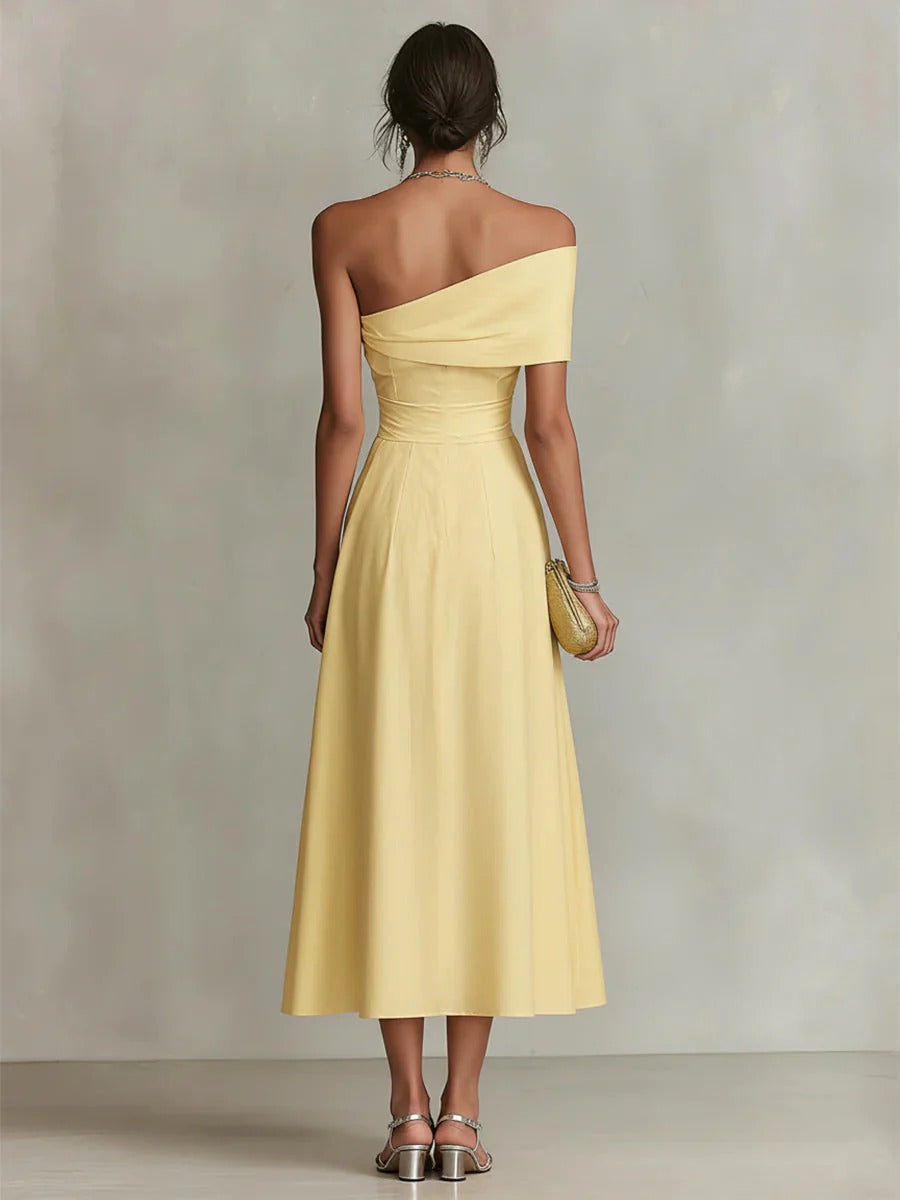 Women’s Yellow Chic Linen Off-Shoulder 3/4 Sleeve Flowy Midi Dress