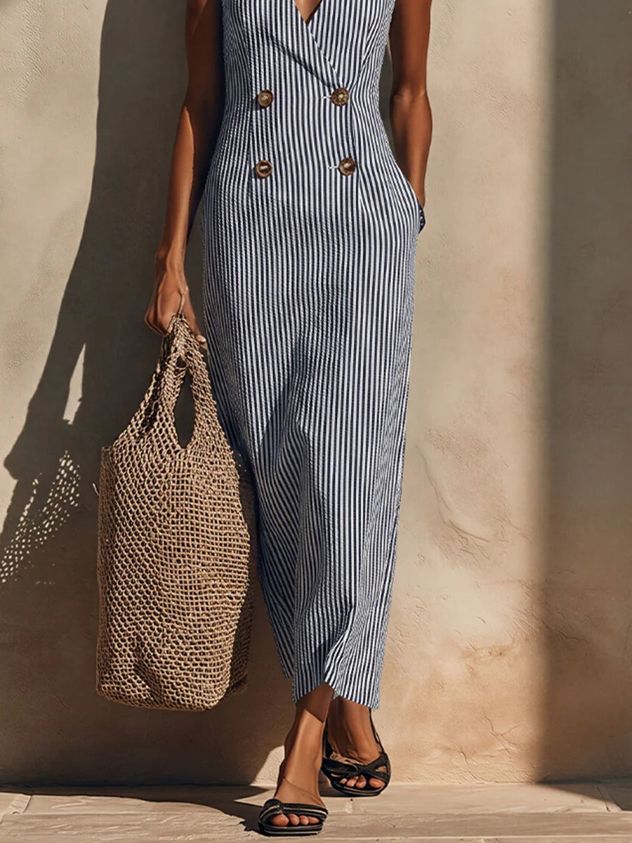 Women’s Blue Striped Coastal Cotton-blend V-Neck Sleeveless Slim Full-Length Jumpsuit