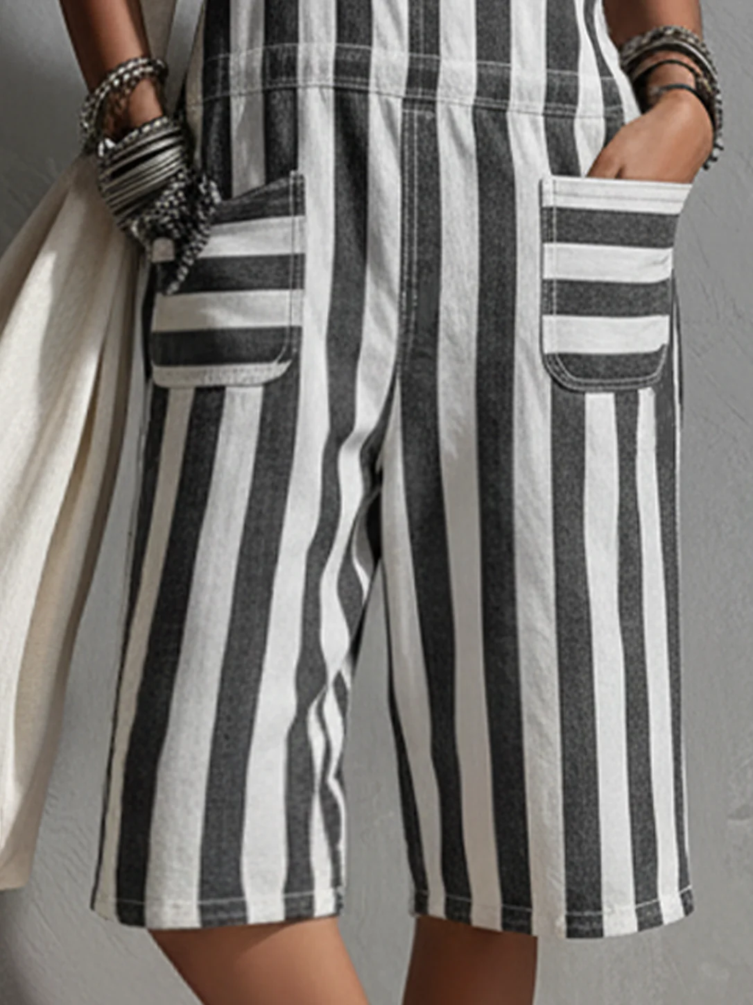 Women’s Black & White Striped Boho Cotton Blend Strap Sleeveless Loose Fit Knee-Length Jumpsuit